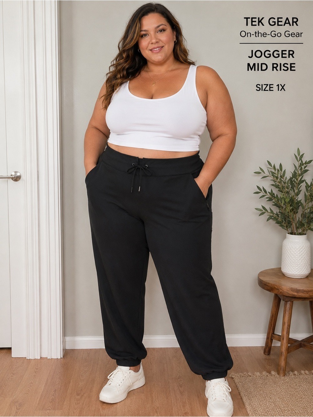 Tek Gear On-the-Go Gear Black Jogger Pants 1X Mid Rise Stretch Athleisure